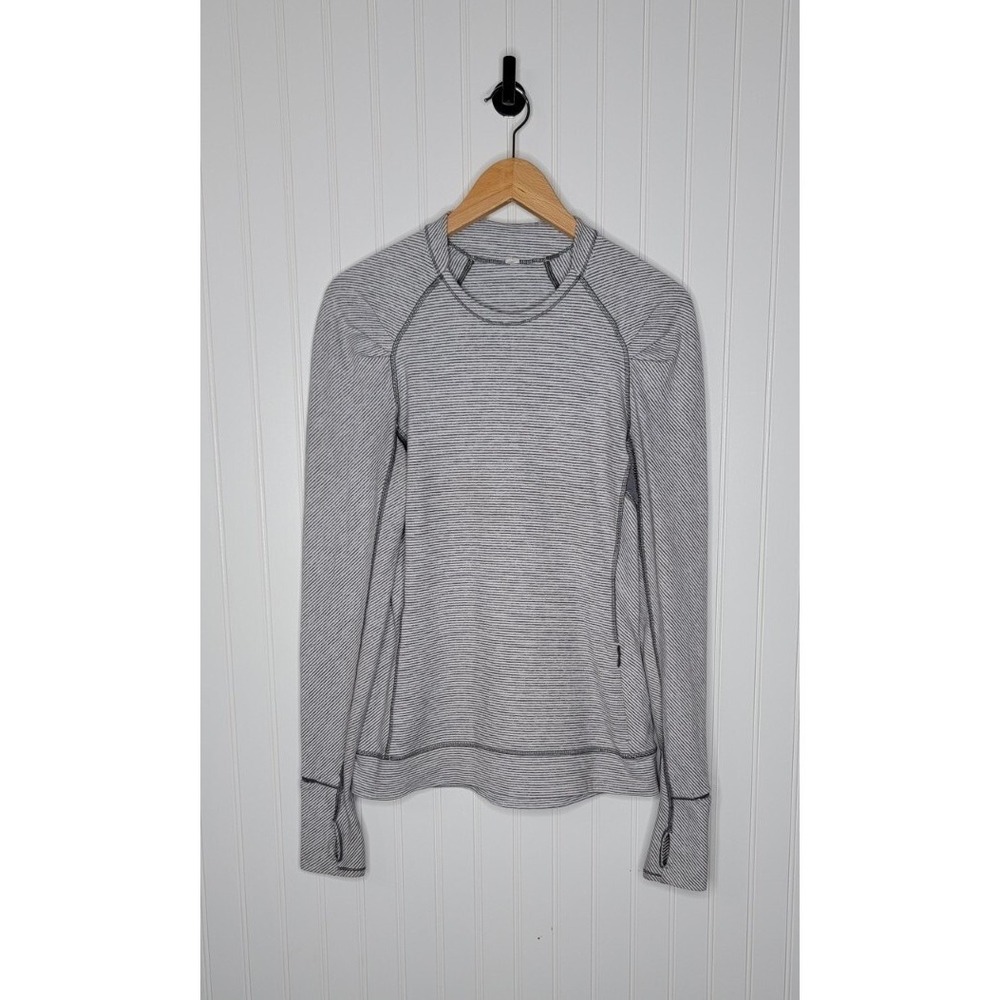 Lululemon Think Fast Long Sleeve Shirt Women's Size 6 Gray Stripe Thumbholes